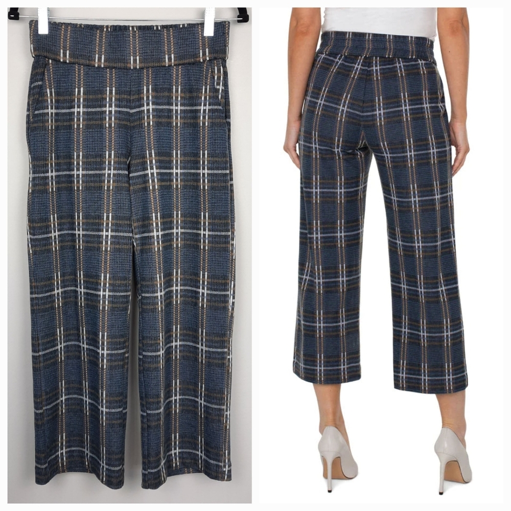 Liverpool Mable Blue and Black Plaid Pull On Straight Leg Crop Pants size Small